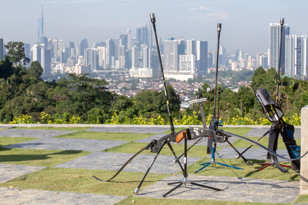 Archery equipment is seen against the Kuala Lumpur skyline during the National Field Archery Championship at Panorama, Bukit Antarabangsa, Hulu Kelang, Ampang December 20, 2025. — Picture by Raymond Manuel