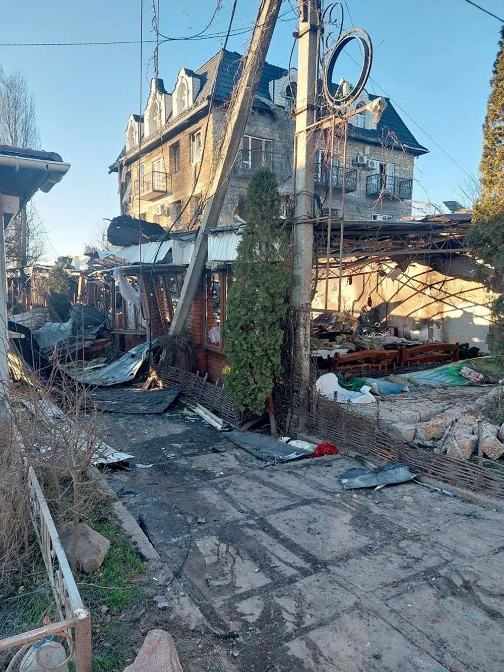 This handout photo released by Russia-appointed governor of the Kherson region, Vladimir Saldo, shows the site of a drone attack on a hotel in Khroly on January 1, 2026. — The Governor of Kherson region Vladimir Saldo handout/AFP pic 