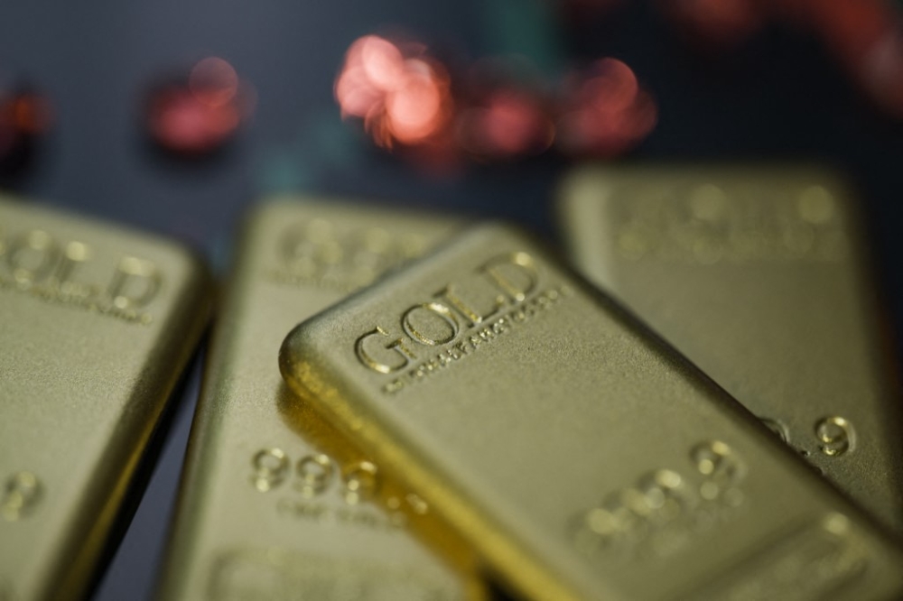 Gold bars displayed in Brussels, Belgium, December 23, 2025. — AFP pic