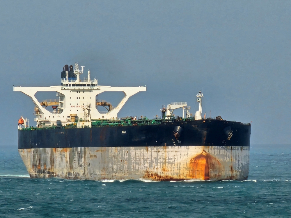The vessel tanker Bella 1 is pictured in the Singapore Strait in this social media image taken on March 18, 2025. — Reuters pic