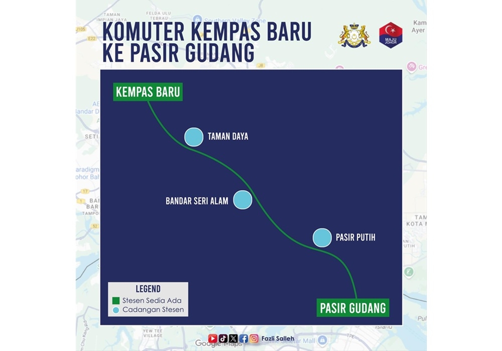 Johor Public Works, Transport, Infrastructure and Communications Committee chairman Mohamad Fazli Mohamad Salleh said three locations — Taman Daya, Bandar Seri Alam and Pasir Putih — have been proposed as sites for the construction of new stations for the commuter rail service from Kempas Baru to Pasir Gudang. — Picture via Facebook/Fazli Salleh
