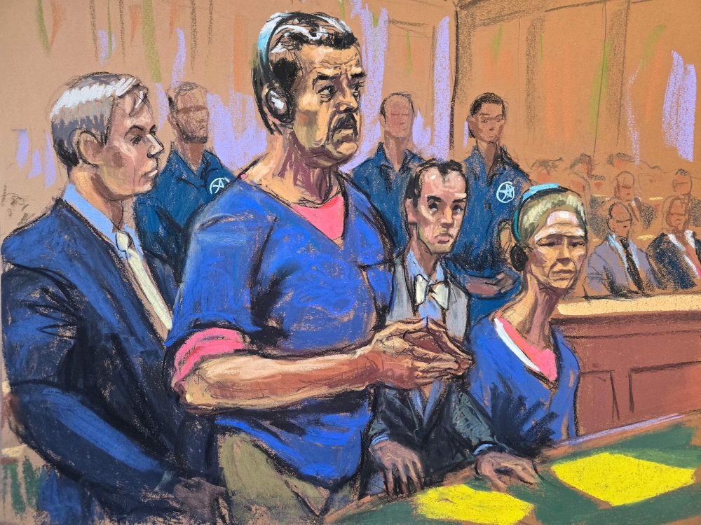 This courtroom sketch shows deposed president of Venezuela Nicolas Maduro (second left), and his wife, Cilia Flores, attending their arraignment at Daniel Patrick Moynihan United States Courthouse on January 5, 2026 in New York, with defense lawyers Barry Pollack (left) and Mark Donnelly (second right). — AFP pic