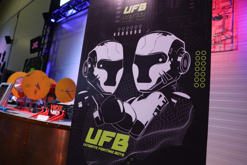 The Ultimate Fighting Bots (UFB) logo is displayed before a fighting robot competition at the BattleBots Arena. — AFP pic 