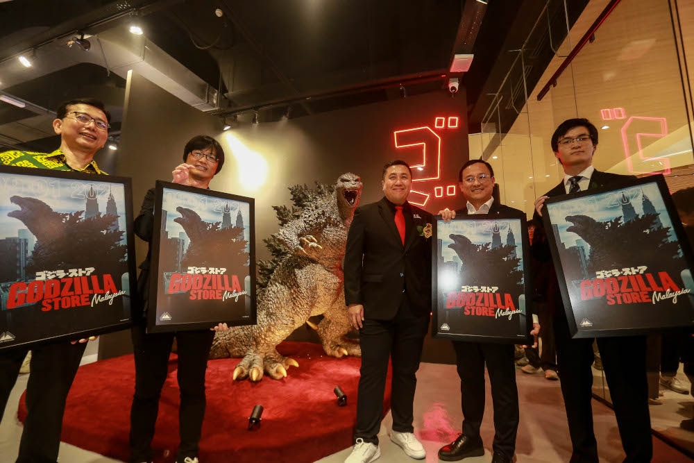 The launch of the official Godzilla store Malaysia took place today and was attended by the Ambassador of Japan to Malaysia Noriyuki Shikata (far left), managing director of Toho Entertainment Asia Fabio Murayama, and CEO of M&M Creations Holdings Ben Lee. — Picture by Sayuti Zainudin