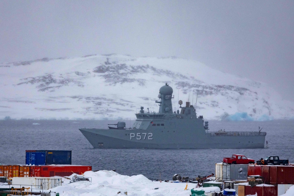 Danish navy vessel P572 Lauge Koch patrols the waters off the capital Nuuk, Greenland, on March 8, 2025. — AFP pic