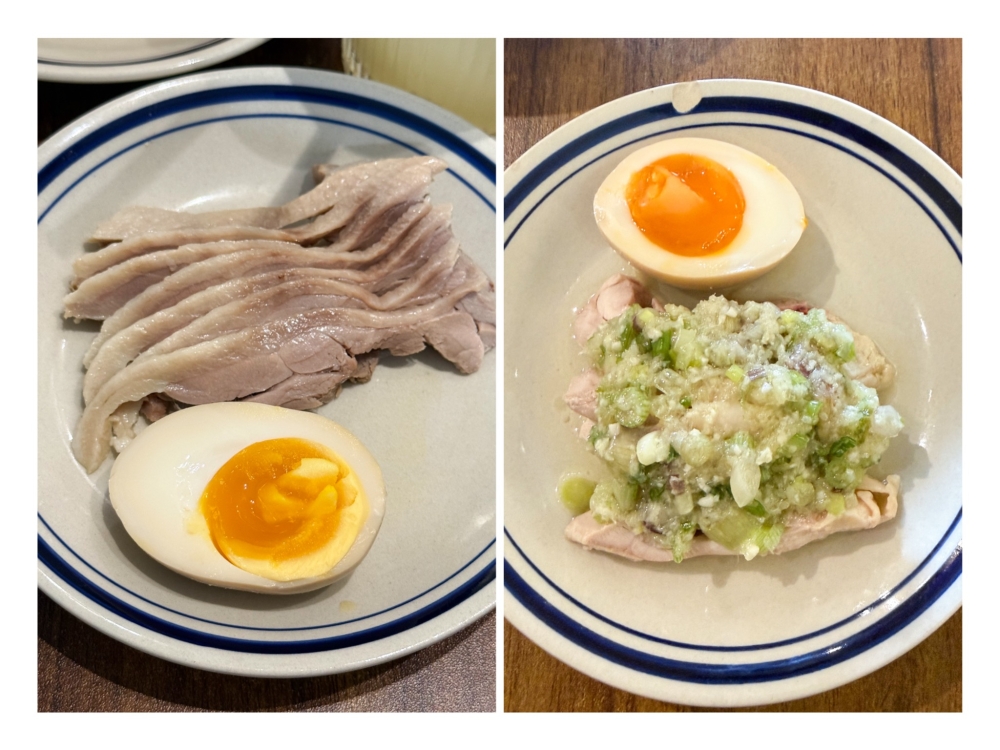 Salted Duck Leg is tender and is mild with salt (left). Ginger and Scallion Chicken Thigh is smooth and topped with ginger and chopped scallions (right). — Pictures by Lee Khang Yi