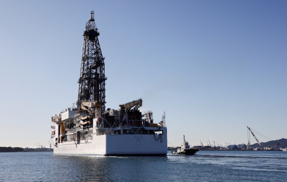 Japan’s drilling-equipped research vessel Chikyu, with 130 crew and researchers, is seen leaving Shimizu port, Shizuoka prefecture, Japan January 12, 2026. — Reuters pic