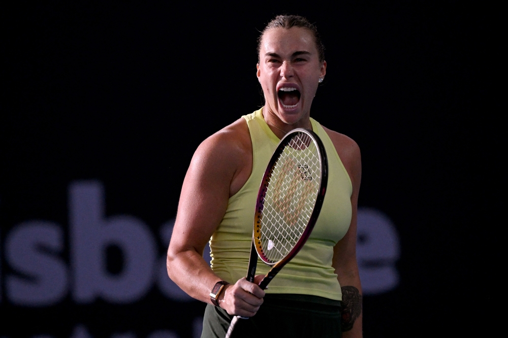 Aryna Sabalenka of Belarus reacts during the women's singles final against Marta Kostyuk of Ukraine at the Brisbane International tennis tournament in Brisbane on January 11, 2026. — AFP pic