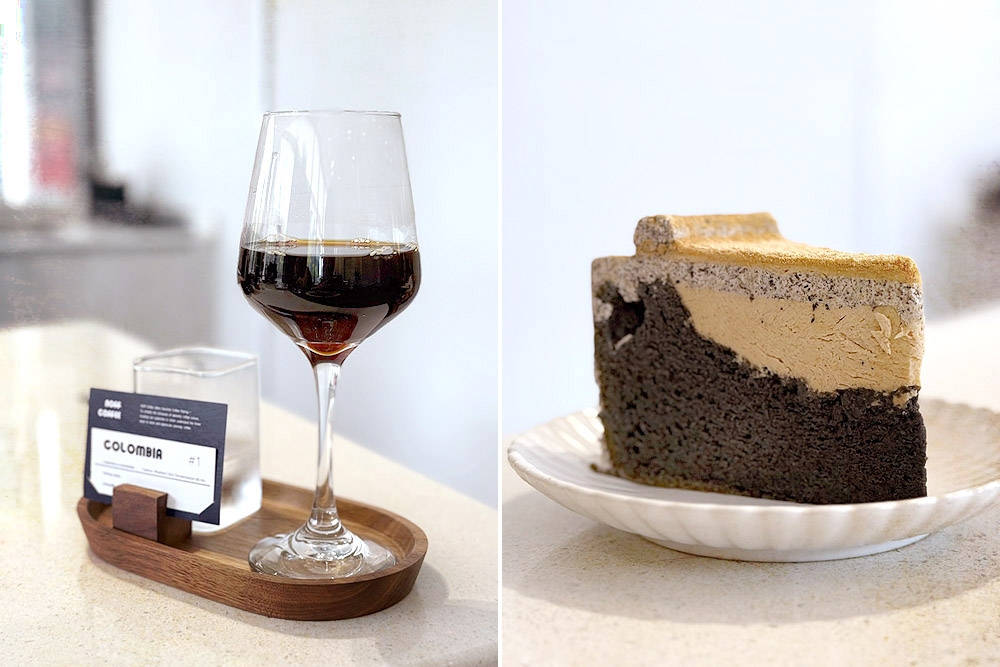 A pour-over coffee (left) and Black Sesame Roasted Soybean Cake (right) at NOff Coffee. — Picture by CK Lim