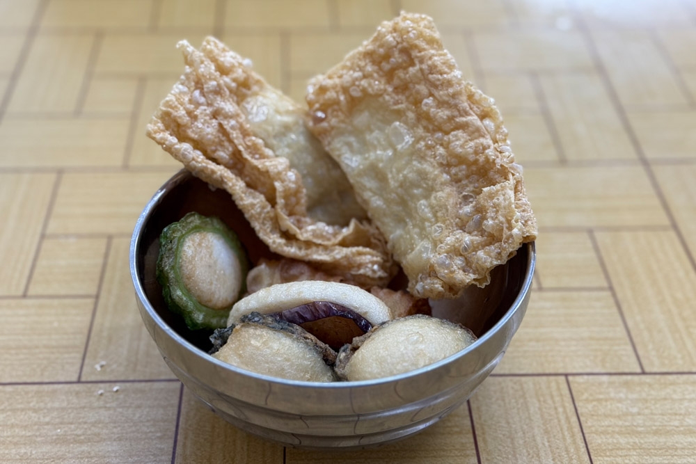 The deep-fried ‘yong tau foo’ selection, including the show stealing deep-fried century egg. — Picture by CK Lim