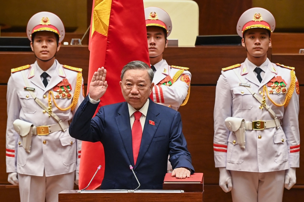 To Lam takes his oath as Vietnam's president during the National Assembly's summer session in Hanoi on May 22, 2024. — AFP pic