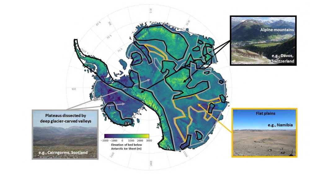 An undated handout image of a map illustrating the subglacial landscape of mountain ranges, deep canyons and wide valleys, as well as tens of thousands of smaller hills and valleys, with comparative examples inset, in Antarctica, obtained by Reuters on January 15, 2026. — Robert Bingham, University of Edinburgh/Handout via Reuters