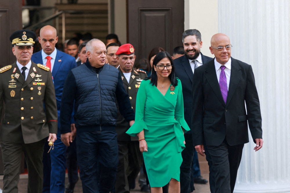 Venezuela's Defence Minister Vladimir Padrino Lopez, Interior Minister Diosdado Cabello, interim President Delcy Rodriguez, Nicolas Maduro Guerra, son of ousted president Nicolas Maduro, and National Assembly President Jorge Rodriguez, walk together at the National Assembly, in Caracas January 5, 2026. — Marcelo Garcia/Miraflores Palace handout pic via Reuters 