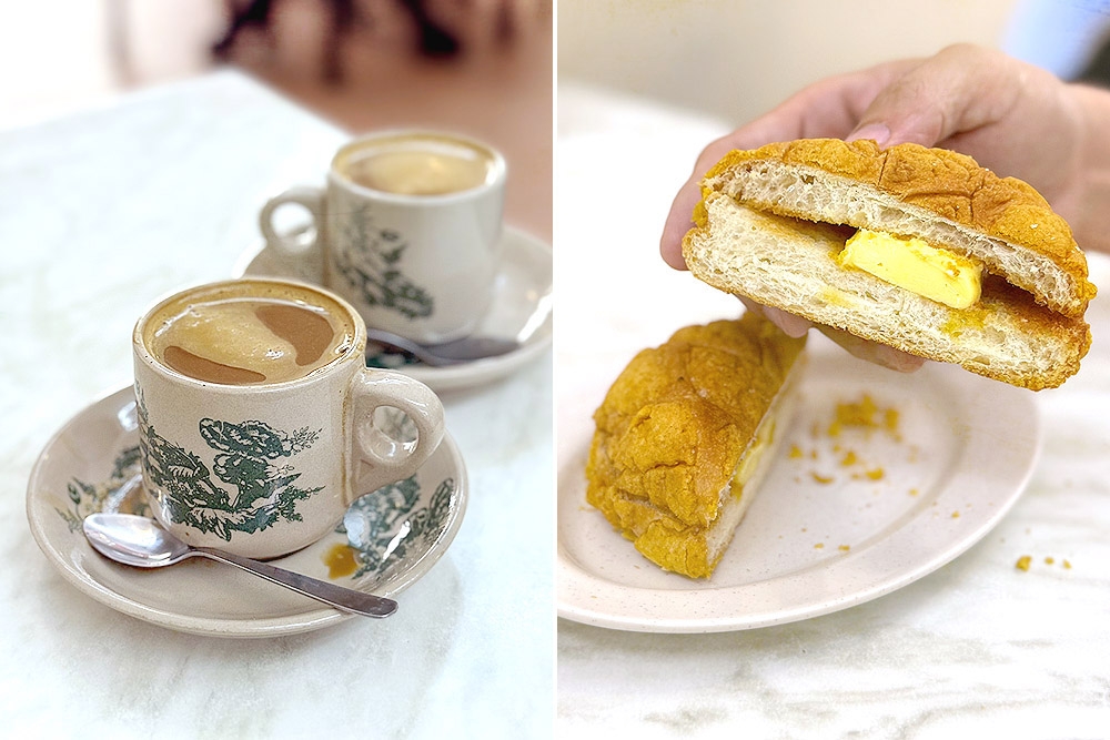 Cups of hot ‘cham’ (left). ‘Polo’ bun (right). — Picture by CK Lim