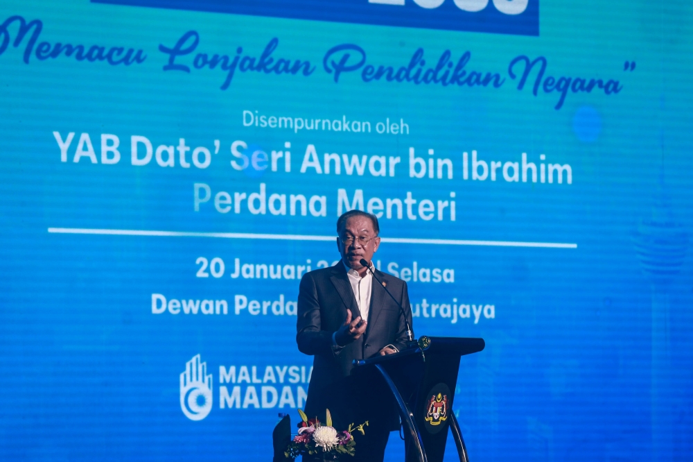 Prime Minister Anwar Ibrahim delivers his speech at the launch of the National Education Blueprint 2026-2035 at the Putrajaya International Convention Centre, Putrajaya, January 20, 2026. — Picture by Sayuti Zainudin