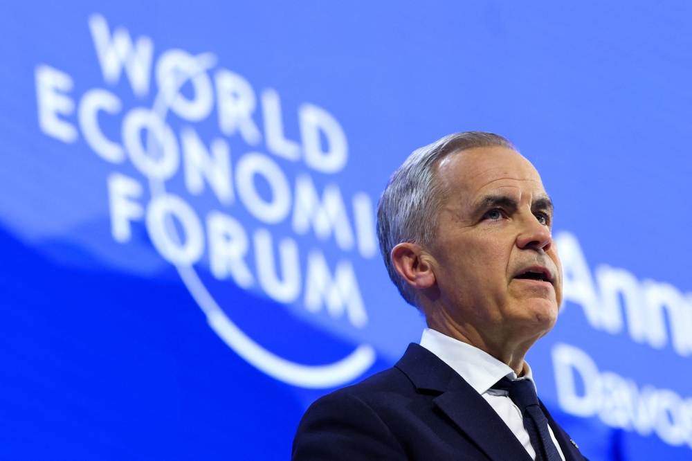 Canada's Prime Minister Mark Carney speaks during the 56th annual World Economic Forum (WEF) meeting in Davos, Switzerland January 20, 2026. — Reuters pic 