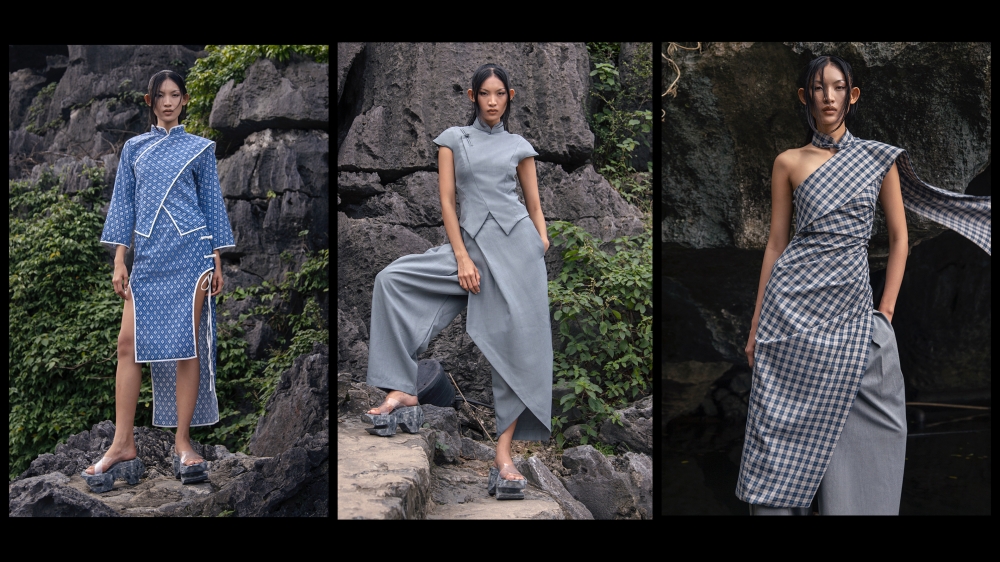 The fabric choices reinforce the collection’s theme of fusion, combining traditional weaves with contemporary industrial materials. — Picture by Behati 