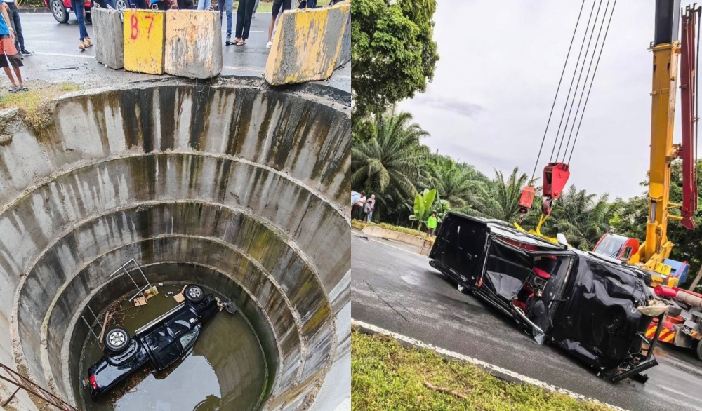 The four-wheel-drive vehicle seen submerged in a deep sewer construction pit (left) and later lifted out by a crane along Jalan Pantai in Lahad Datu on Friday. — Composite of Bomba pics