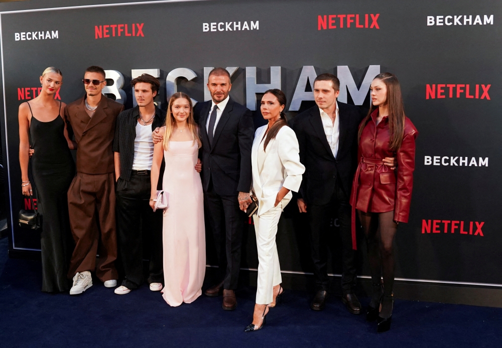 Former football player David Beckham arrives with his family for the premiere of the Netflix documentary “Beckham” in London on October 3, 2023. — Reuters pic