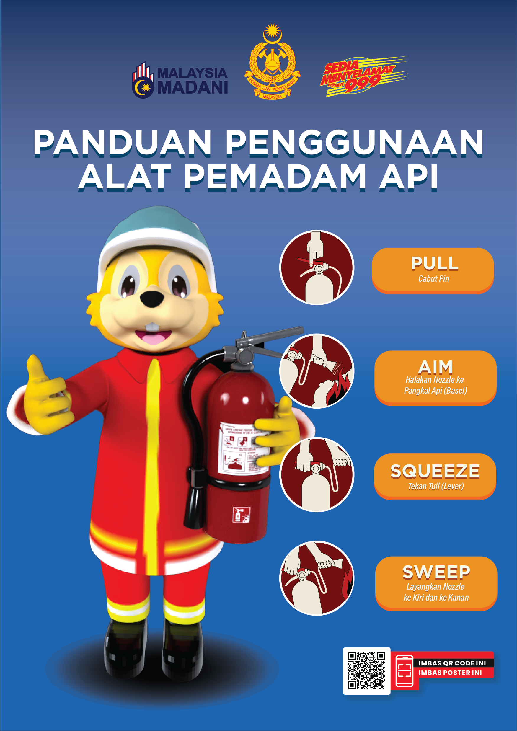 The image above showcases a step-by-step guide to using a portable fire extinguisher. — Picture courtesy of Fire and Rescue department.