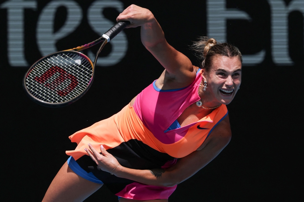 Belarusian Aryna Sabalenka serves against Canada’s Victoria Mboko during their women’s singles match at the Australian Open tennis tournament in Melbourne on January 25, 2026. — AFP pic