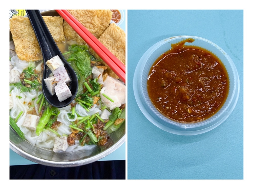 Cubes of taro dot the noodles (left). Potent chilli sauce with a hint of citrus burns the tongue but makes a difference (right). — Picture by Lee Khang Yi