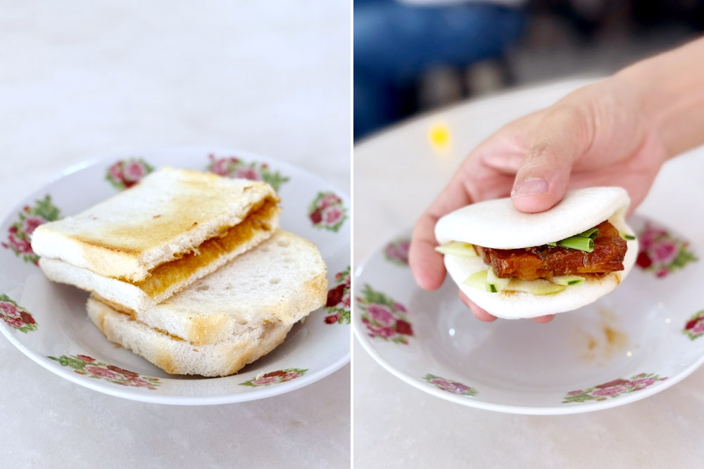 Hainam Kaya Butter Toast (left) and Hainam Braised Pork Mantou (right). — Picture by CK Lim
