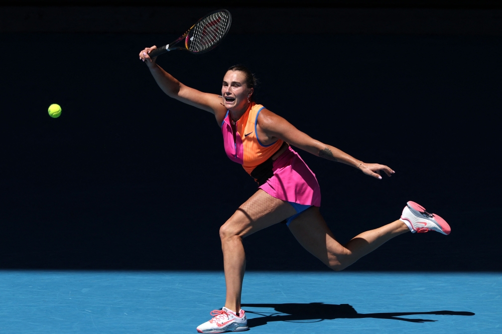 Belarus' Aryna Sabalenka hits a return to USA's Iva Jovic during their women's singles quarter-final match on day ten of the Australian Open tennis tournament in Melbourne on January 27, 2026. — AFP pic