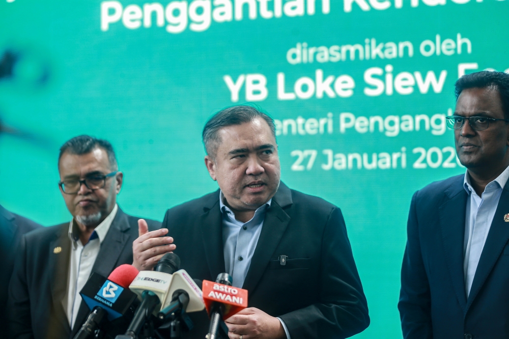 Transport Minister Anthony Loke speaks to the press during the launch of the Matching Grant Program for the Replacement of Old Vehicles at Proton Putrajaya in Putrajaya on January 27, 2026. — Picture by Sayuti Zainudin
