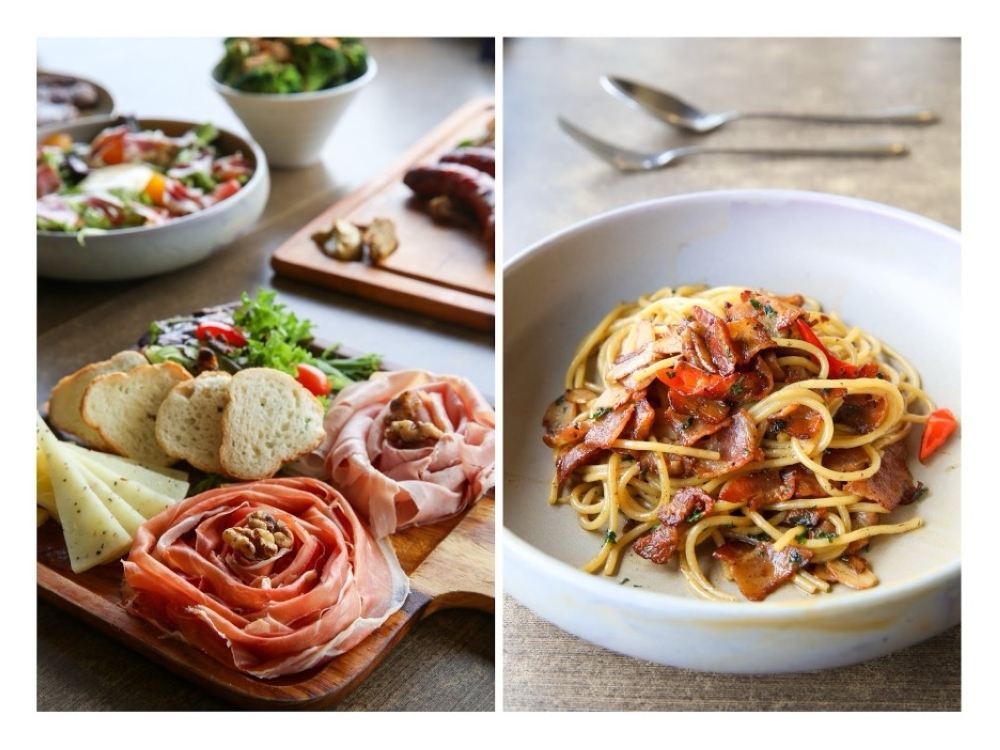 Graze on their Cold Cut Platter with various cheeses, ham and prosciutto washed down with a glass of wine (left). Pasta dishes like their Bacon Aglio Olio are popular for lunch (right). — Pictures by Choo Choy May