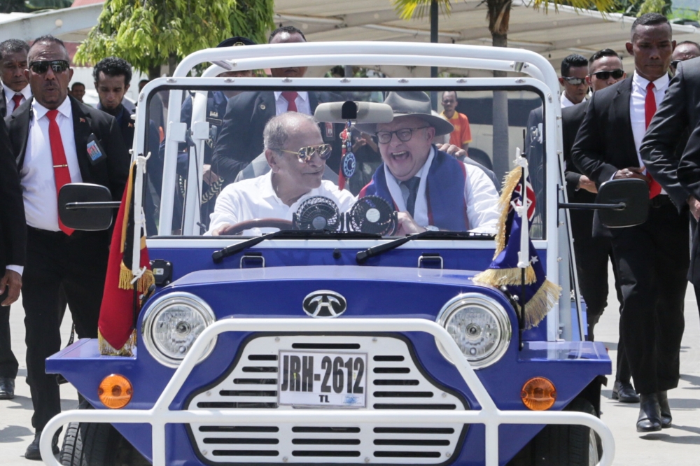 Australia’ Prime Minister Anthony Albanese (right) reacts in an open-top car owned and driven by East Timor’s President Jose Ramos-Horta upon his arrival in Dili, East Timor on January 28, 2026. — AFP pic 