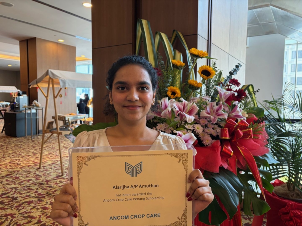 A. Alarijha says the Ancom Crop Care scholarship will significantly lighten her parents' financial burden as she had been relying on them and a PTPTN loan to pay her university fees. — Picture by Opalyn Mok