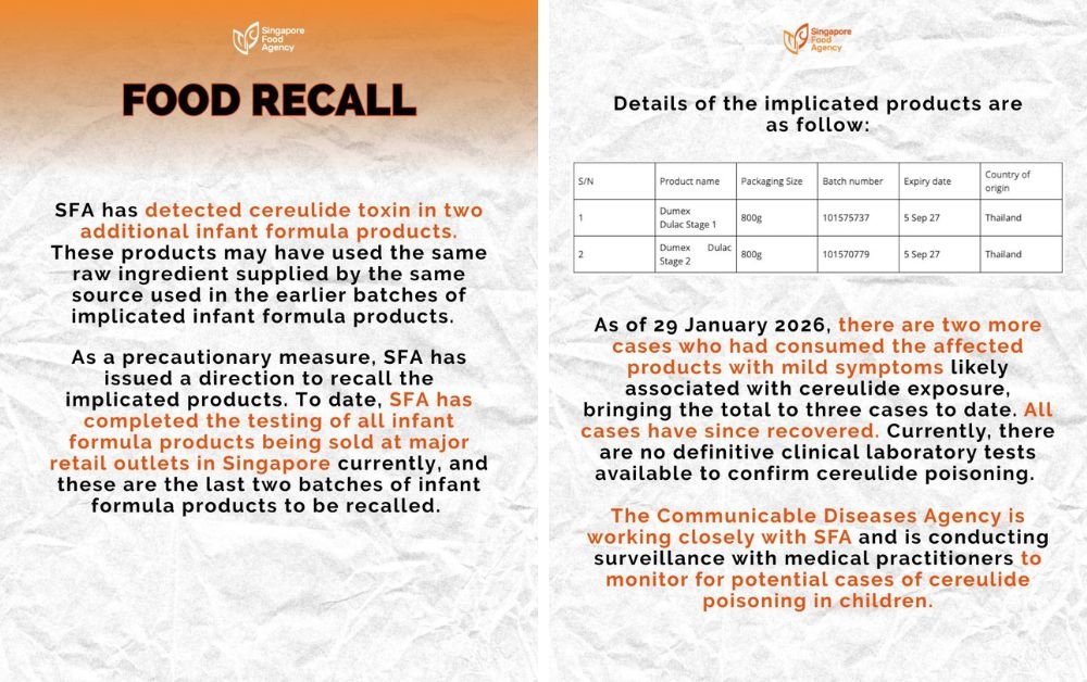 The Singapore Food Agency has ordered two additional Dumex Dulac infant formula products to be withdrawn from sale after detecting the cereulide toxin in recent tests. — Pictures via Facebook/Singapore Food Agency