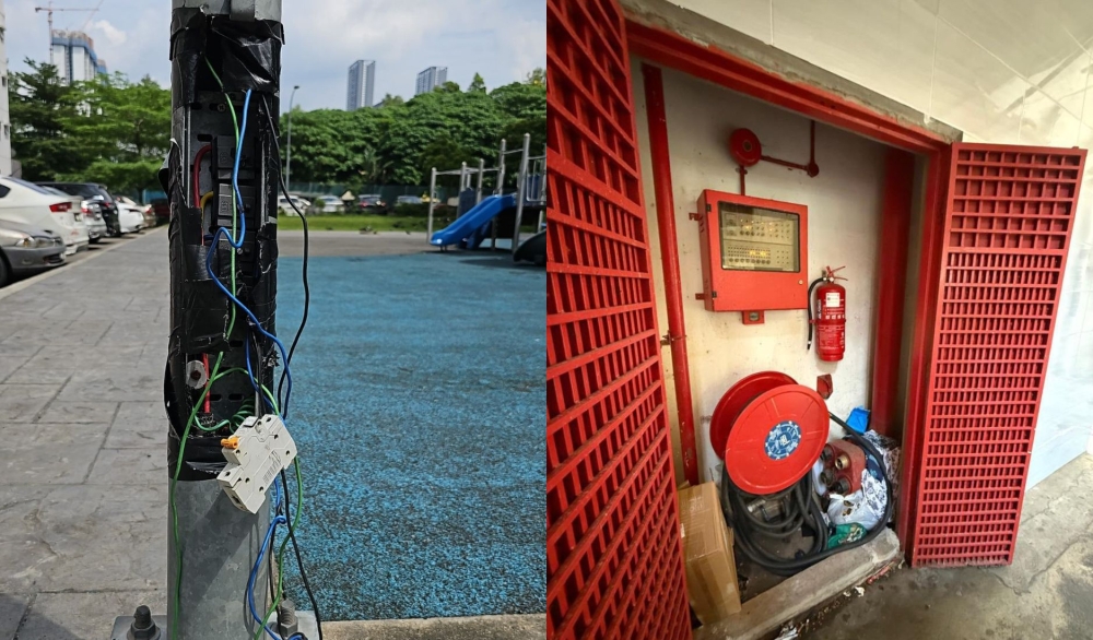 DBKL flagged cases like exposed electrical wiring and misused fire safety equipment as examples of ongoing vandalism across Kuala Lumpur’s public housing areas. — Composite of Facebook pictures via dbkl2u