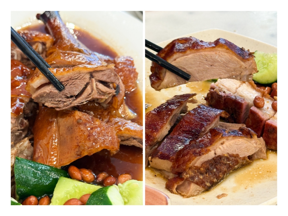 Cross-section of the Roasted Goose shows its juicy meat (left). Roasted Duck features a finer texture meat that didn't have any gamey smell (right). — Pictures by Lee Khang Yi