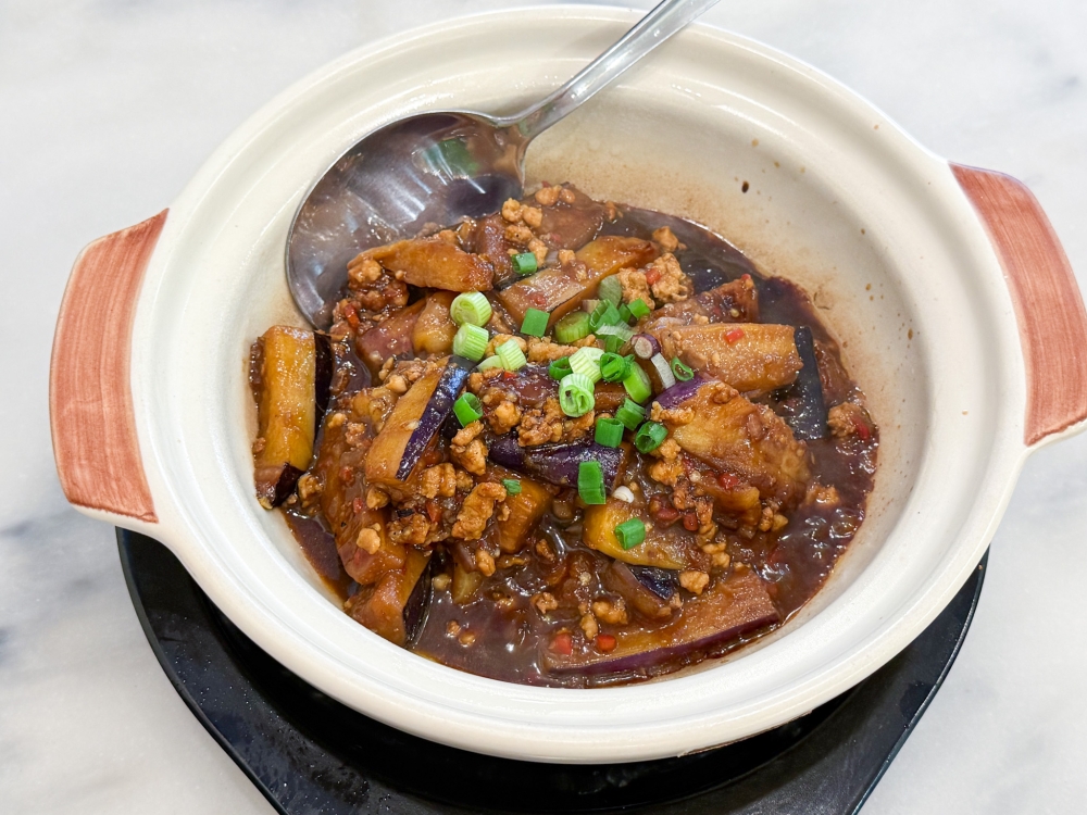Claypot Stewed Eggplant with Salted Fish and Minced Meat was well prepared with savoury notes and restrained saltiness even without rice. — Picture by Lee Khang Yi