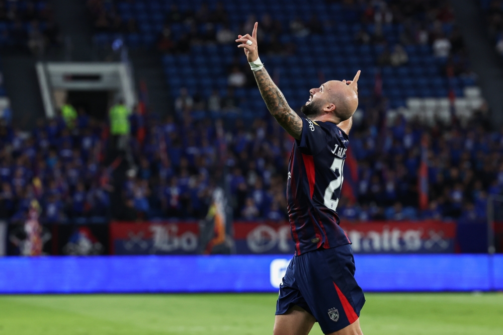 Joao Figueiredo gestures after firing JDT into an early lead with his 21st-minute opener at Sultan Ibrahim Stadium in Iskandar Puteri February 1, 2026. — Bernama pic