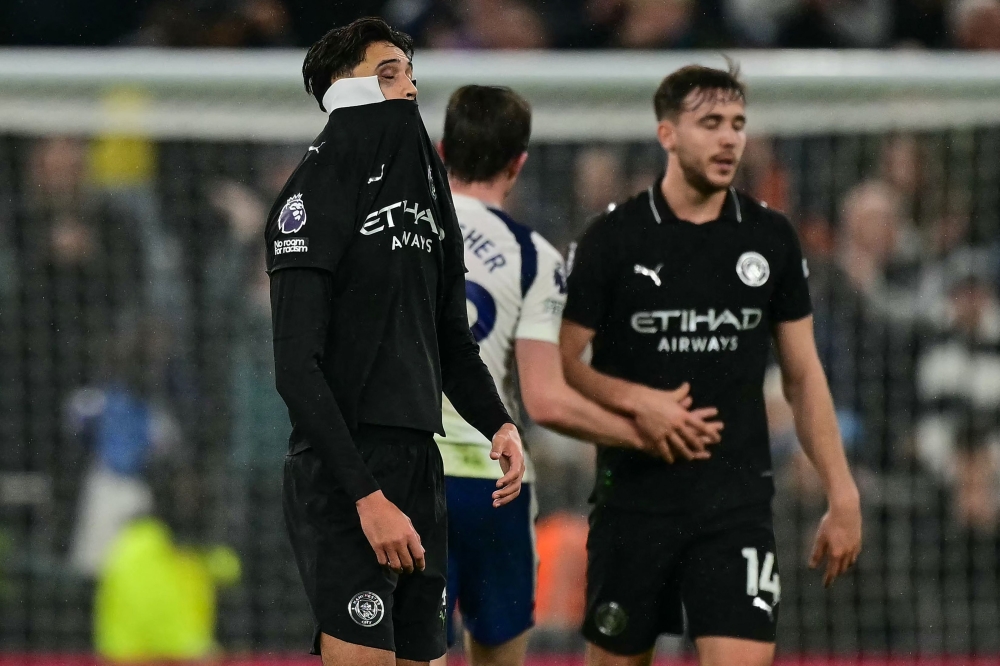 Manchester City’s Tijjani Reijnders and Nico Gonzalez react at the end of the Premier League match with Tottenham Hotspur at the Tottenham Hotspur Stadium in London February 1, 2026. — AFP pic