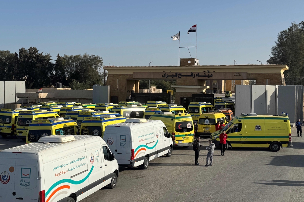 Ambulances wait on the Egyptian side of the Rafah border crossing with the Gaza Strip in northeastern Egypt on February 1, 2026. Rafah briefly reopened for medical evacuations during a short ceasefire between Israel and Hamas in January of last year. — AFP pic 