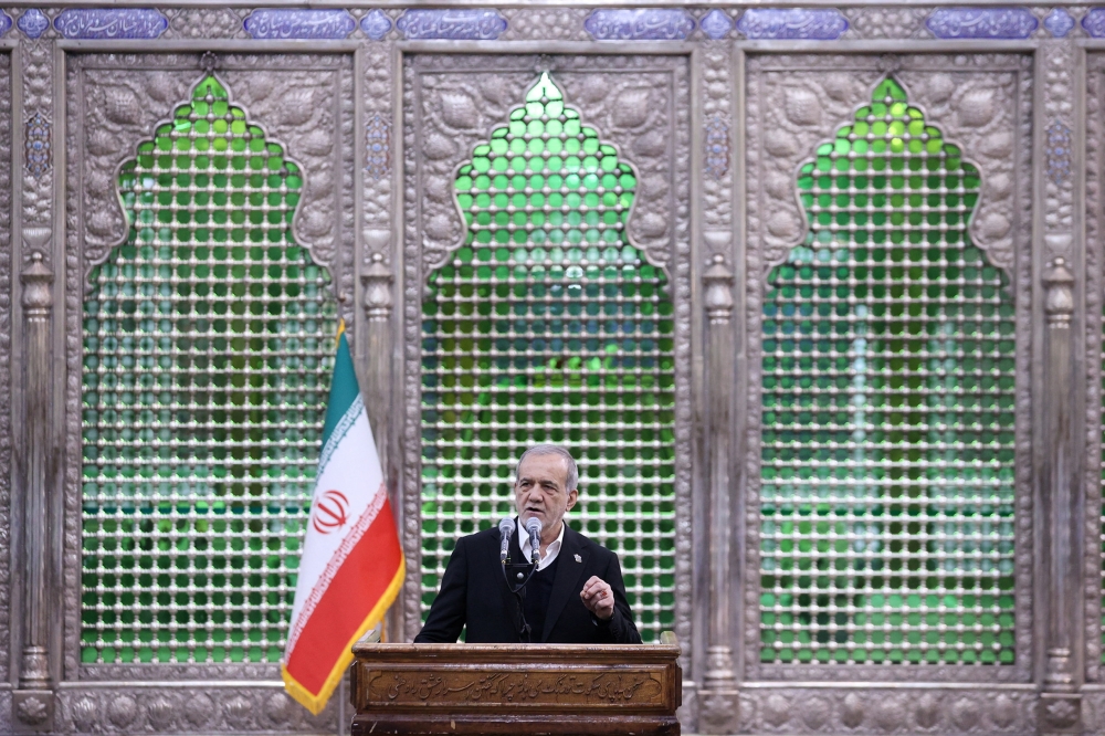 Iranian President Masoud Pezeshkian speaks during a visit to the shrine of the leader of Iran's 1979 Islamic Revolution, Ayatollah Ruhollah Khomeini, in southern Tehran, Iran, January 31, 2026. — Iran's Presidential website/Wana (West Asia News Agency) handout pic via Reuters 