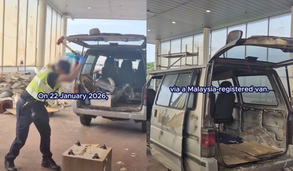 ICA officers break apart bogus ‘furniture’ to reveal hundreds of cartons of duty-unpaid cigarettes hidden in a Malaysia-registered van. — Composite of Facebook screenshots 