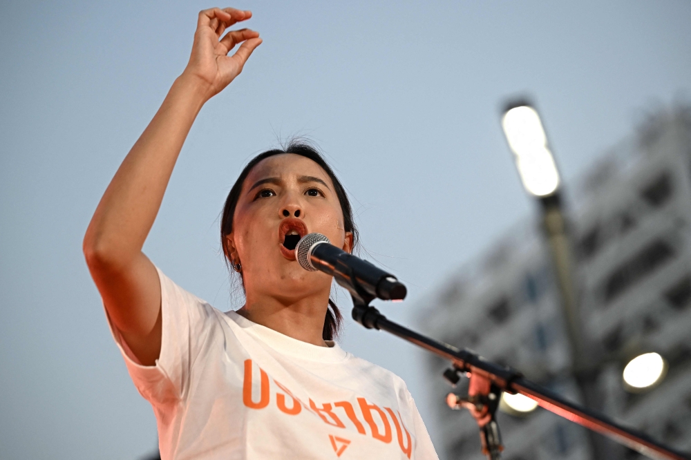 People’s Party MP Rukchanok Srinork speaks during a campaign rally ahead of the general election, in Bangkok on January 25, 2026. — AFP pic 
