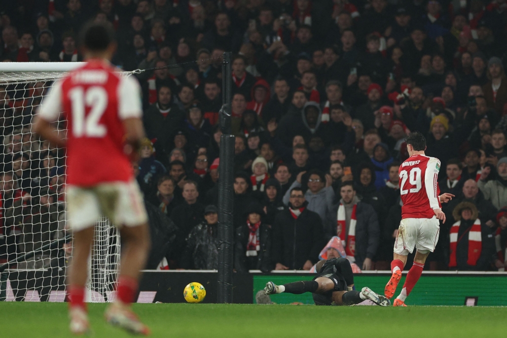 Arsenal’s Kai Havertz scores their late winner during the League Cup semi-final second leg match with Chelsea at the Emirates Stadium in London February 3, 2026. Arsenal won the game 1-0, and the tie 4-2 on aggregate. — AFP pic