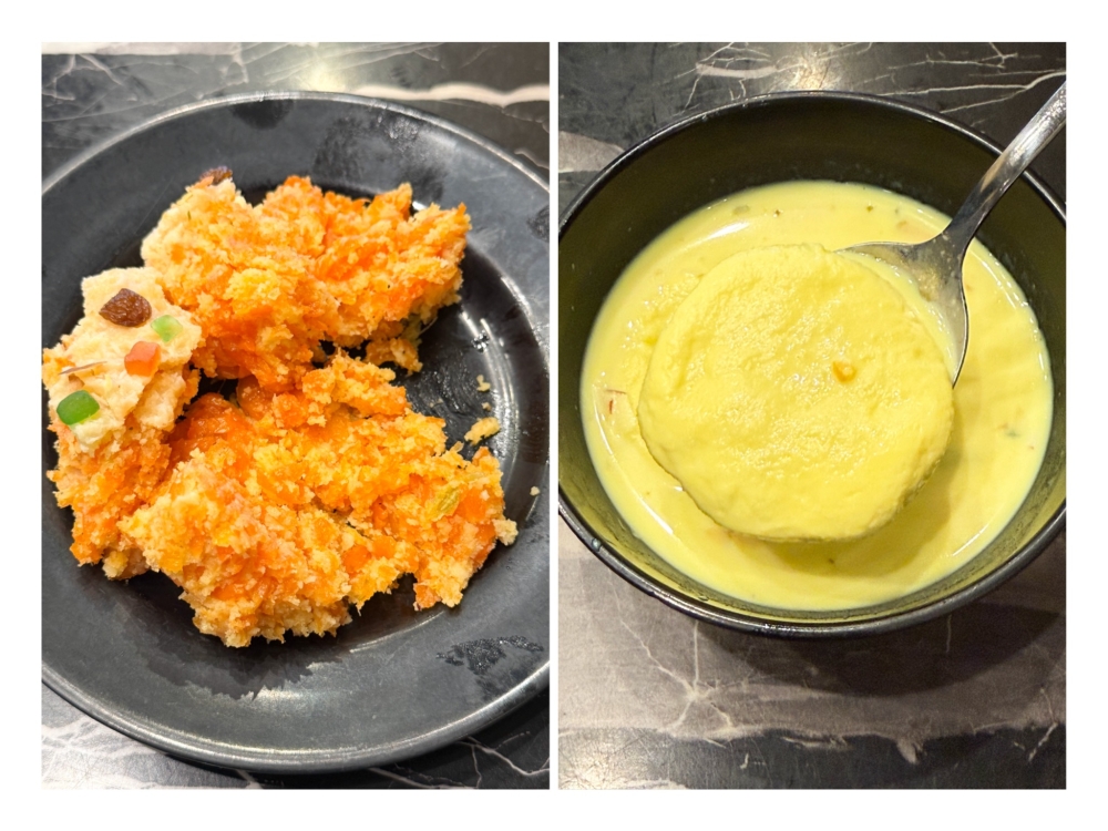 Carrot Halwa (left) is fluffy and not too sweet. Rasmalai is rare here but sought after for its creamy rich milk perfumed with saffron (right). 