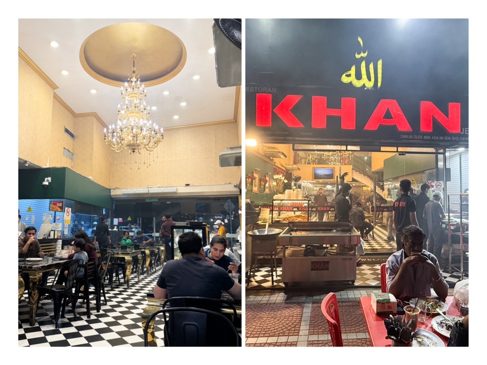 Spot the magnificent chandelier at Khan Jee Restaurant (left). 'Kebab' station front the restaurant (right). 