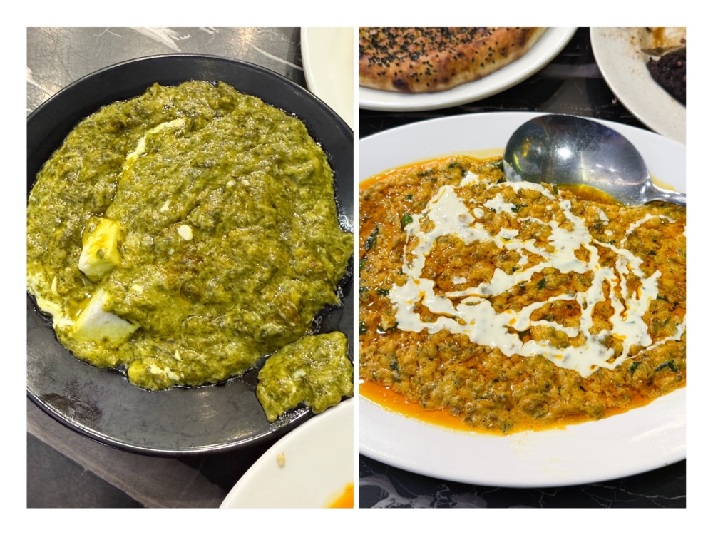 Palak Paneer here is different as it's mixed with cream (left). Daal Makhni has buttery beans laced with cream (right). 