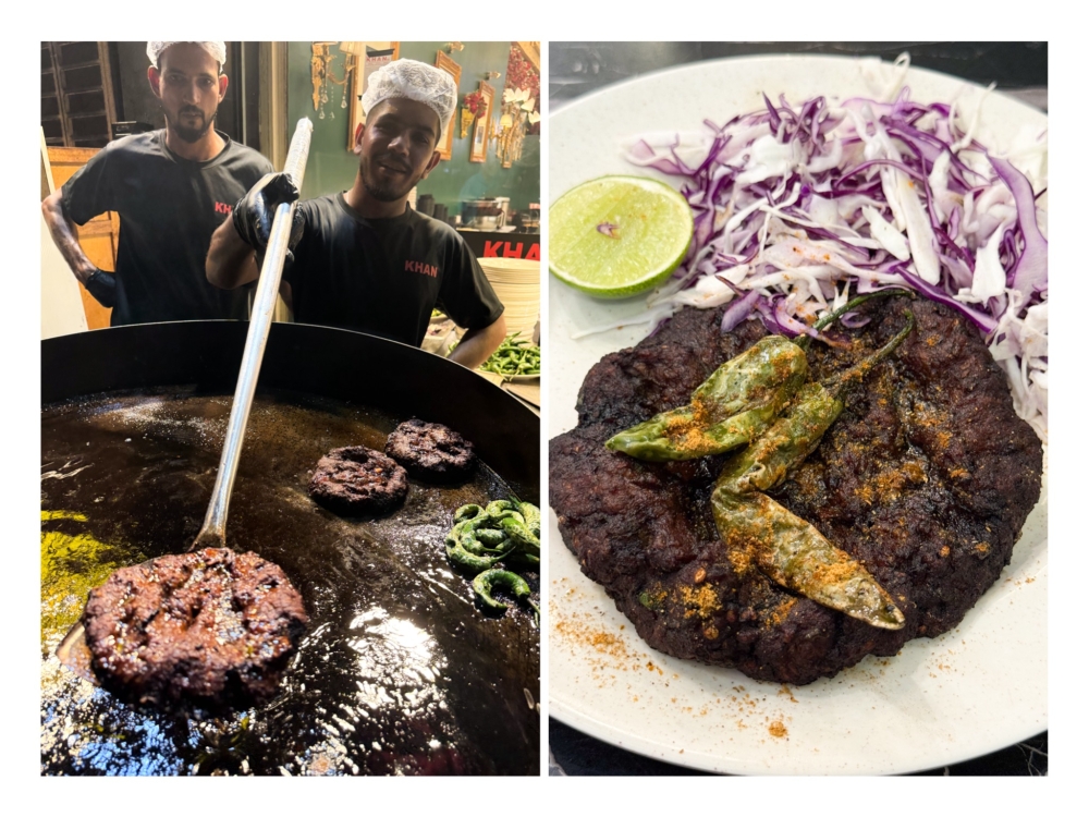 Chapli Kabab is pan fried in oil using this large pan (left). Each 'kebab' is topped with chillies and ground coriander (right). 