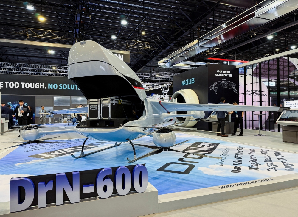 ST Engineering shows its DrN-600 drone at the Singapore Airshow, in Singapore February 4, 2026. — Reuters pic