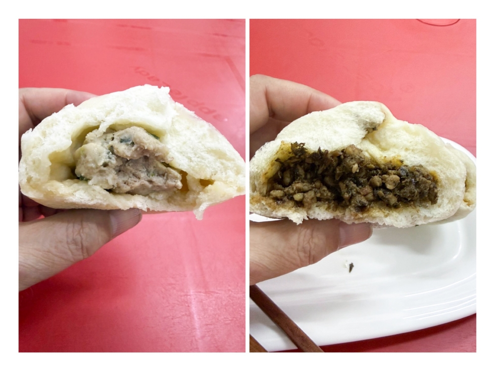 Fresh pork bun uses leaner meat that isn’t juicy enough (left). ‘Mei gan’ pork has a stronger flavour with the use of pickled mustard greens (right). — Pictures by Lee Khang Yi