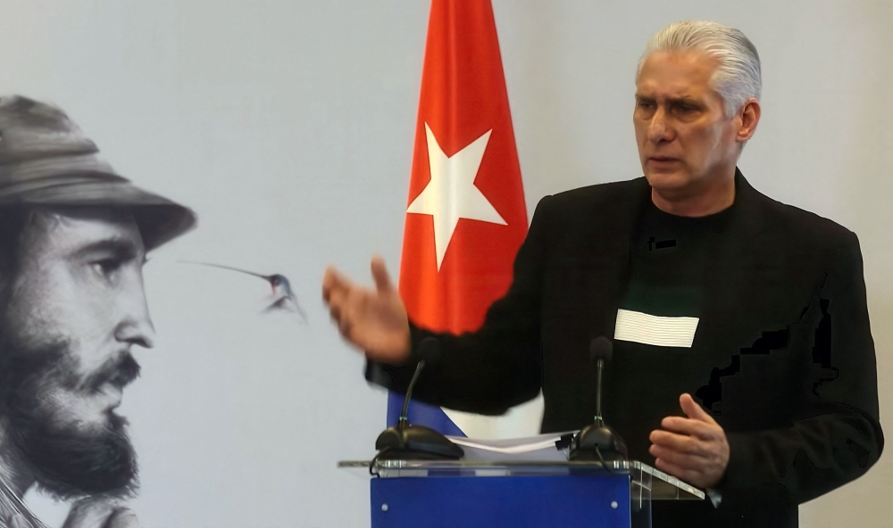 This TV screen shot from the Cuban TV channel released on February 5, 2026, shows Cuba's President Miguel Diaz-Canel speaking during a press conference in Havana.— AFP pic